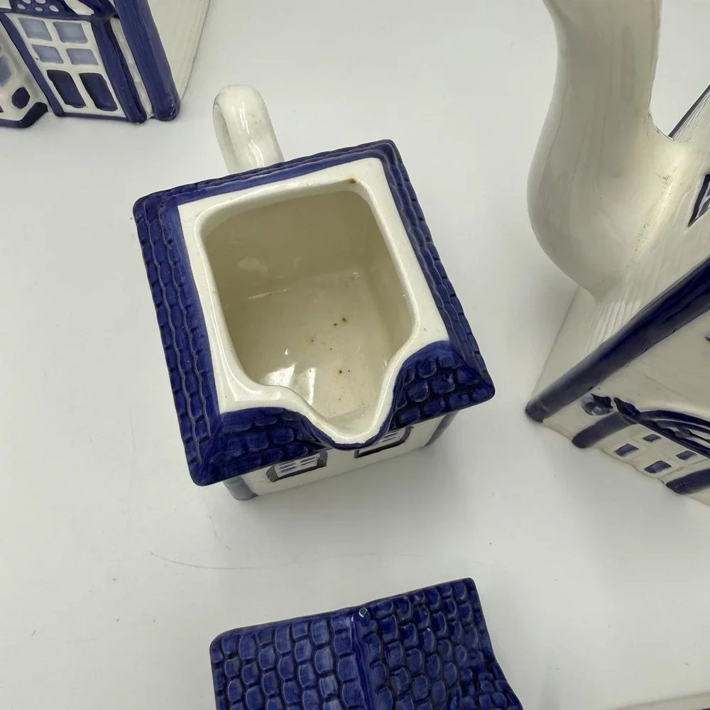 Vtg CKAO Blue White Ceramic House Canister Set 5pc w Lids Pasta Tea Cottagecore